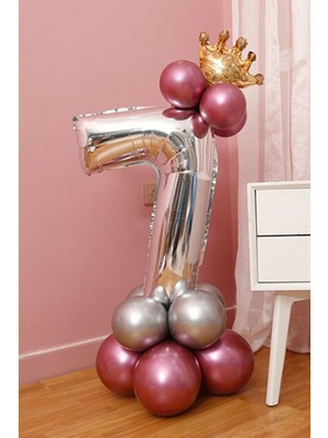 Best Parti 7 Yaş Krom Pembe-Gümüş Renkler Altın Taçlı Balon Seti