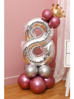Best Parti 8 Yaş Krom Pembe-Gümüş Renkler Altın Taçlı Balon Seti