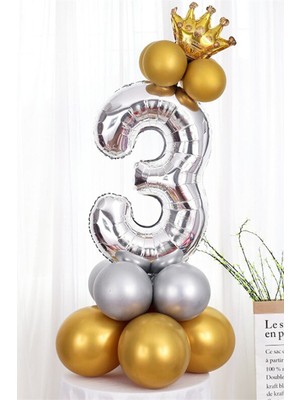 Best Parti Gümüş Renk 3 Yaş Krom Gold-Gümüş Renkler Altın Taçlı Balon Seti