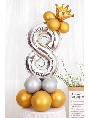 Best Parti Gümüş Renk 8 Yaş Krom Gold-Gümüş Renkler Altın Taçlı Balon Seti
