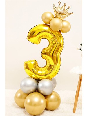 Best Parti Gold Renk 3 Yaş Krom Gold-Gümüş Renkler Altın Taçlı Balon Seti