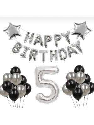 Best Parti Gümüş 5 Yaş Happy Bırthday Folyo Balonlu Yıldızlı Set