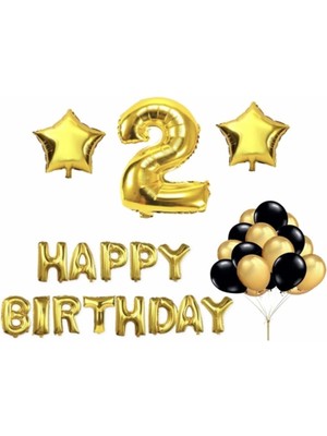 Best Parti Gold 2 Yaş Happy Bırthday Folyo Balonlu Yıldızlı Set