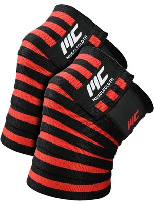 Musclecloth Pro Knee Wraps Diz Bandajı 2'li Paket - Cırt Bantlı Siyah Kırmızı