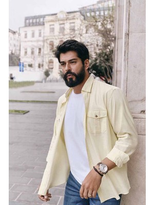 ALTINYILDIZ CLASSICS Erkek Sarı Slim Fit Dar Kesim Düğmeli Yaka %100 Pamuk Flamlı Gömlek