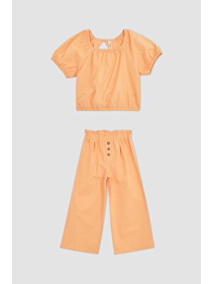 DeFacto Kız Çocuk Relax Fit Kısa Kollu Bluz Geniş Paça Pantolon Keten Görünümlü Takım X3235A622SM