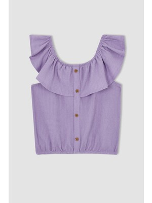 DeFacto Kız Çocuk Regular Fit Krinkıl Kumaş Kısa Kollu Bluz Geniş Paça Pantolon Takım X3693A622SM