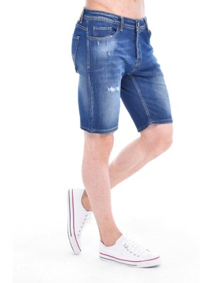 Cedy Denım Erkek Gerze Mavi Yıpratmalı Kot Şort Slim Fit Jean Şort C342