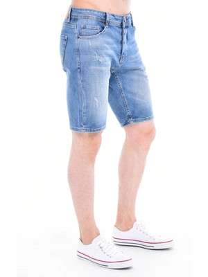 Cedy Denım Erkek Anamur Mavi Yıpratmalı Kot Şort Slim Fit Jean Şort C342