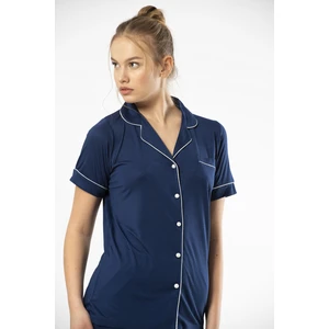 3368 Kadın Kısa Kollu Gömlek Yaka Pijama Takım-Lacivert