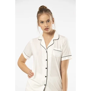 3368 Kadın Kısa Kollu Gömlek Yaka Pijama Takım-Ekru