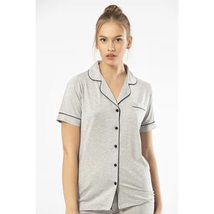 3368 Kadın Kısa Kollu Gömlek Yaka Pijama Takım-Gri