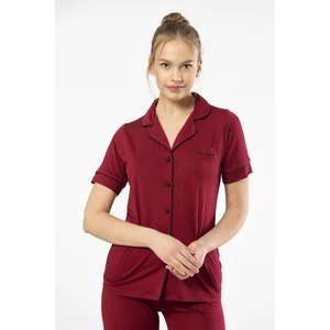 3368 Kadın Kısa Kollu Gömlek Yaka Pijama Takım-Bordo