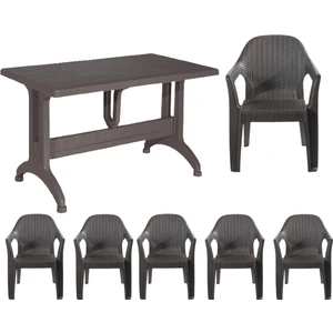 Bs Plastik Rattan Masa Takımı 80x140 Camsız Masa 6 Kişilik Sandalye Seti Bahçe Balkon Teras Takımı