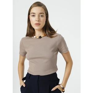 Bisiklet Yaka Fitilli Kahve Kadın T-Shirt TEO