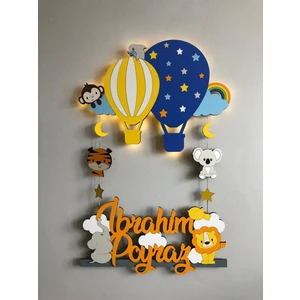 Atölye Selçukum Işıklı İsme Özel Ahşap Bebek Odası Kapı Süsü - Uçan Balon & Hayvanlar