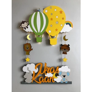 Atölye Selçukum Işıklı İsme Özel Ahşap Bebek Odası Kapı Süsü - Uçan Balon & Hayvanlar