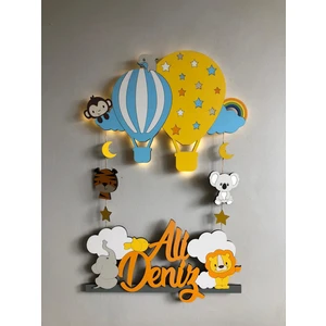 Atölye Selçukum Işıklı İsme Özel Ahşap Bebek Odası Kapı Süsü - Uçan Balon & Hayvanlar