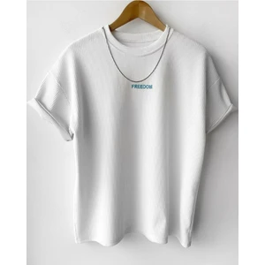 A&O Style Erkek Beyaz Fitilli Oversize %100 Pamuk Kadife Kumaş Yazlık Kısa Kollu T-Shirt