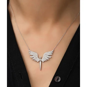 X-lady Accessories Gümüş Renk Mikail Meleği Kanatlı Beyaz Taşlı Zirkon Kolye - 1076