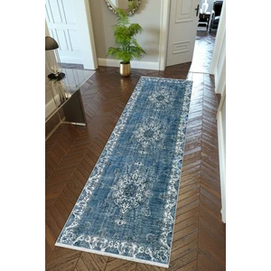 Yolluk Mavi Kaymaz Kesme Yıkanabilir Ince Dijital Baskı Koridor Halısı