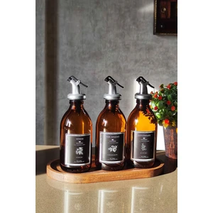 Oval Ahşap Stantlı Amber Zeytinyağı Nar Ekşisi Sirke Şişesi Yağdanlık 3lü Set 300ML Sm3ç-St Sm3ç-St