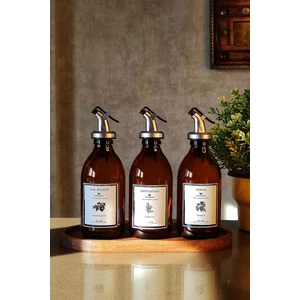 Meftune Oval Ahşap Stantlı Amber Zeytinyağı Nar Ekşisi Sirke Şişesi Yağdanlık 3lü Set 300ML Meftune-St