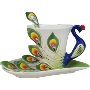 3D Renk Emaye Hayvan Kahve Fincanı Tabağı ve Kaşıkla Set Seramik Öğleden Sonra Çay Bardak Porselen Drinkware | Teacups (Yeşil)(Yurt Dışından)