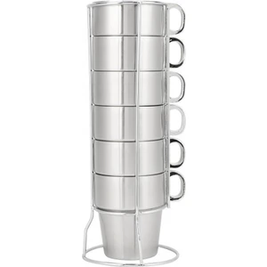 6 Adet   Takım Paslanmaz Çelik Istiflenebilir Su Kahve Fincanı Kupası Tutucu ile Set Standı Tek Kullanımlık Çift Katmanlı Anti Haşlanma Kahve Kupası | Teacups