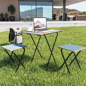 Masa Sandalye Bistro Set Yükseklik Ayarlı Ahşap Kamp Masası Kamp Taburesi 3'lü Set