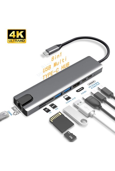 Streak 8 In 1 Çift Type-C USB 3.0 4K HDMI RJ45 Çevirici Macbook Çoklayıcı