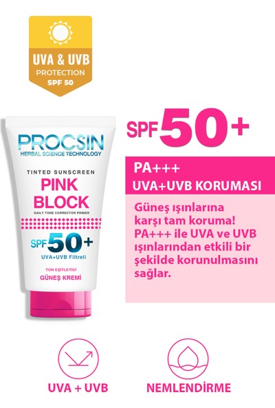 Procsın Pink Block Aydınlatıcı SPF50+ Güneş Kremi 50 ml