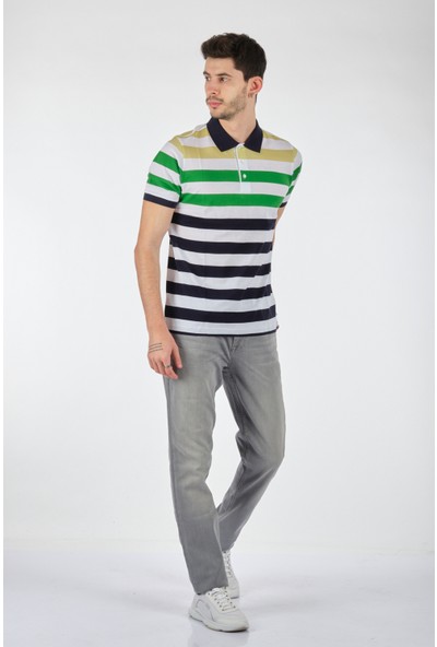 Sabri Özel Polo Yaka Çizgili Kısa Kollu Yeşil-Beyaz Erkek T-Shirt 1102606