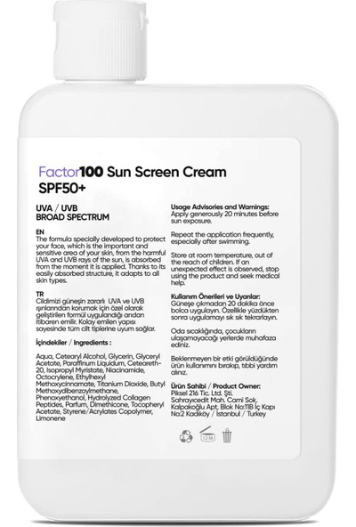 Fualab FACTOR100 Sun Screen Cream SPF50+KOLAJEN Içerikli Güneş Bariyeri