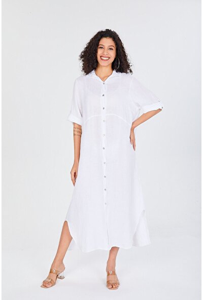 Luisido Beyaz Italyan Keten Gömlek Elbise