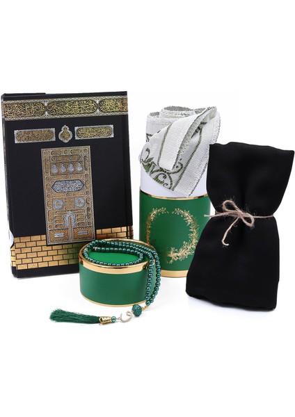 Anneler Gününe Özel Kur'an-I Kerim & Özel Silindir Kutusunda Yeşil Tafta Seccade ve Inci Tespih Seti & Siyah Şal - Elmalılı Hamdi Yazır (Ciltli)