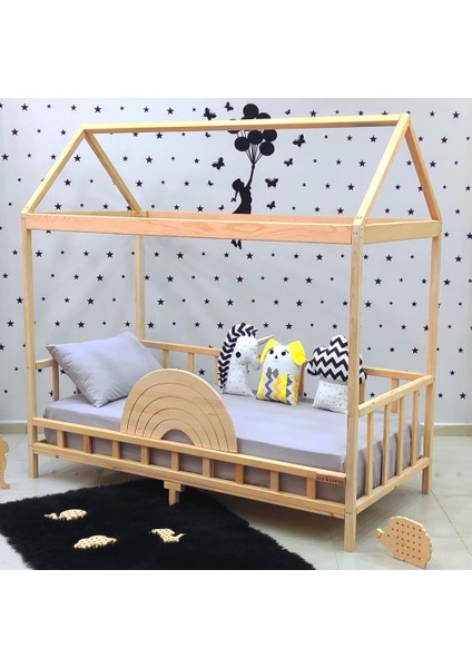 Çatılı Montessori Yatak 90X190 Doğal Çam Çocuk Karyola