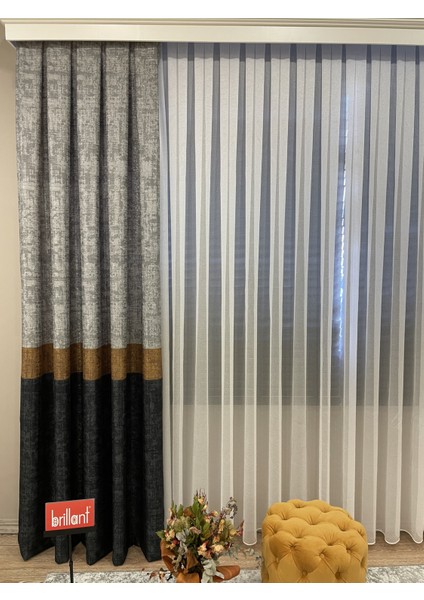 Keten Zemin Modern Çizgili Desen 1/2,50 Pile Fon Perde