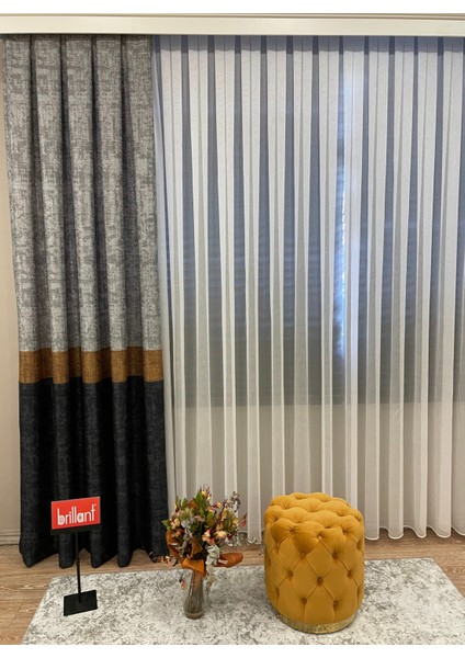 Keten Zemin Modern Çizgili Desen 1/2,50 Pile Fon Perde