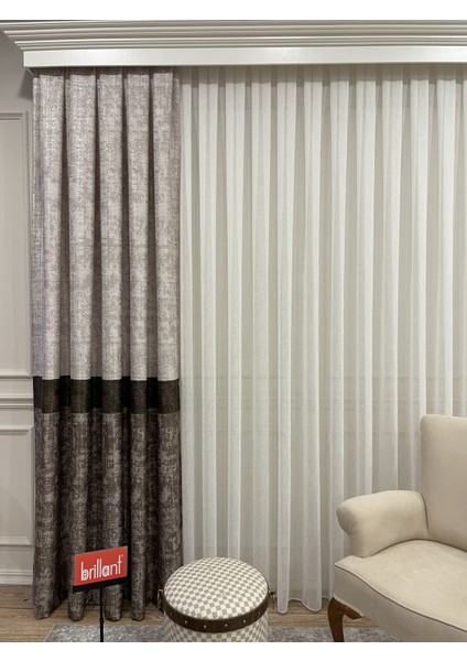 Keten Zemin Modern Çizgili Desen 1/2,50 Pile Fon Perde