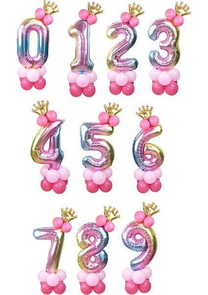 2 Yaş Gökkuşağı Renkleri Rakam Balon Altın Taçlı 2 Rakamlı Balon