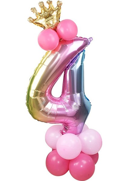 4 Yaş Gökkuşağı Renkleri Rakam Balon Altın Taçlı 4 Rakamlı Balon