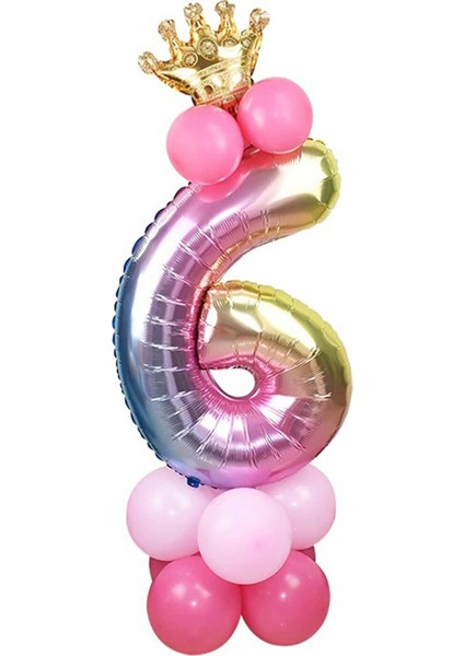 6 Yaş Gökkuşağı Renkleri Rakam Balon Altın Taçlı 6 Rakamlı Balon