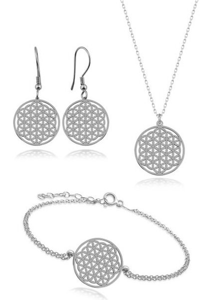 Yaşam Çiçeği Kolye Küpe Bileklik 925 Ayar Gümüş Hediyelik Set
