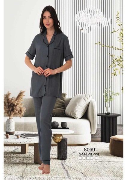 Füme Önden Düğmeli Kadın Pijama Takımı