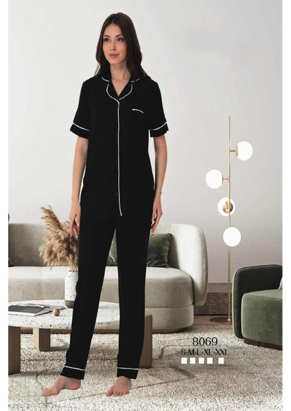 Siyah Önden Düğmeli Kadın Pijama Takımı