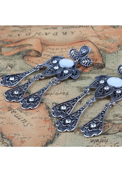 Kadın Kadın Vintage Boho Kristal Rhinestone Çiçek Püskül Dangle Küpe Kulak Çiviler Takı Antik Gümüş - # 7 (Yurt Dışından) modelleri