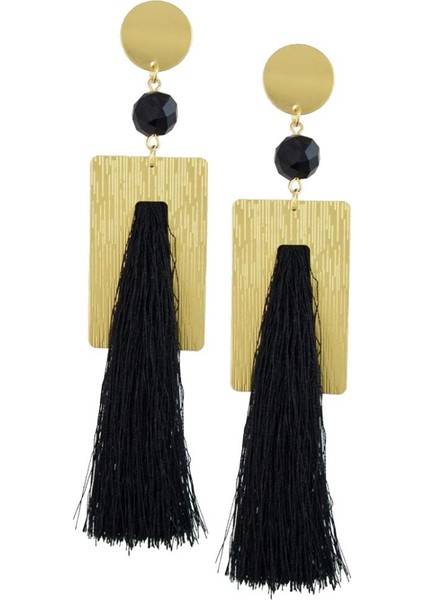 Moda Kadın Ahşap Dikdörtgen Püskül Dangle Kulak Damızlık Bildirimi Küpe Takı - Siyah (Yurt Dışından)