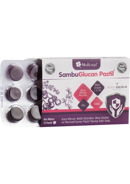 Medicago Sambuglucan Pastil Kara Mürver Ekstresi, Kekik Estreleri, Beta Glukan, Vitamin C, Çinko 12 Pastil
