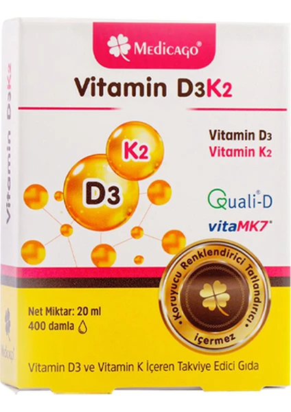 Medicago Vitamin D3K2 - Vitamin D3 Ve Vitamin K İçeren Takviye Edici Gıda 20 Ml - 400 Damla